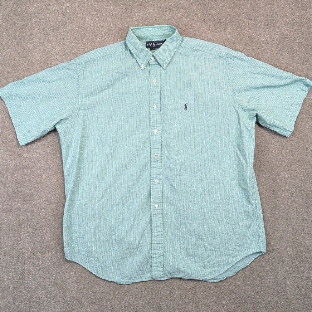 Ralph Lauren Blake Shirt Men XL Green White Stripe Short Sleeve Cotton Button Up